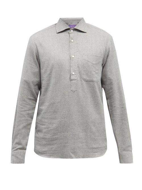 Mens Rtw Ralph Lauren Purple Label - Half-button Cotton-herringbone Shirt - Mens - Grey