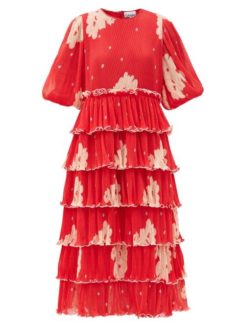 Matchesfashion.com Ganni - Tiered Floral-print Pleated-georgette Midi Dress - Womens - Red