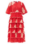 Matchesfashion.com Ganni - Tiered Floral-print Pleated-georgette Midi Dress - Womens - Red