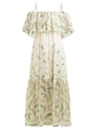 Matchesfashion.com Three Graces London - Diana Leaf Print Off The Shoulder Silk Dress - Womens - Green Multi