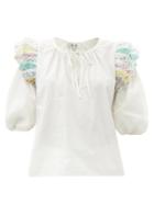 Matchesfashion.com Sea - Linden Patchwork-trimmed Puff-sleeve Cotton Blouse - Womens - White Multi