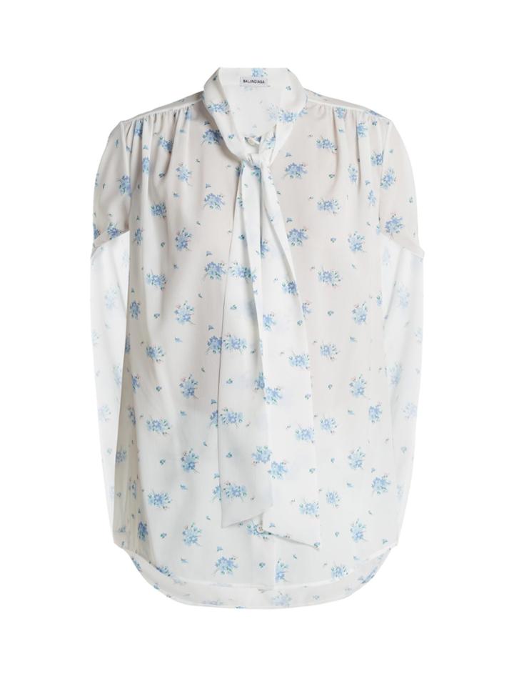 Balenciaga Twisted-sleeve Floral-print Crepe Blouse