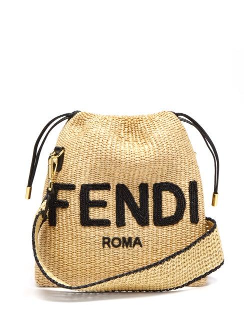 Ladies Bags Fendi - Logo-embroidered Drawstring Raffia Pouch - Womens - Black Beige