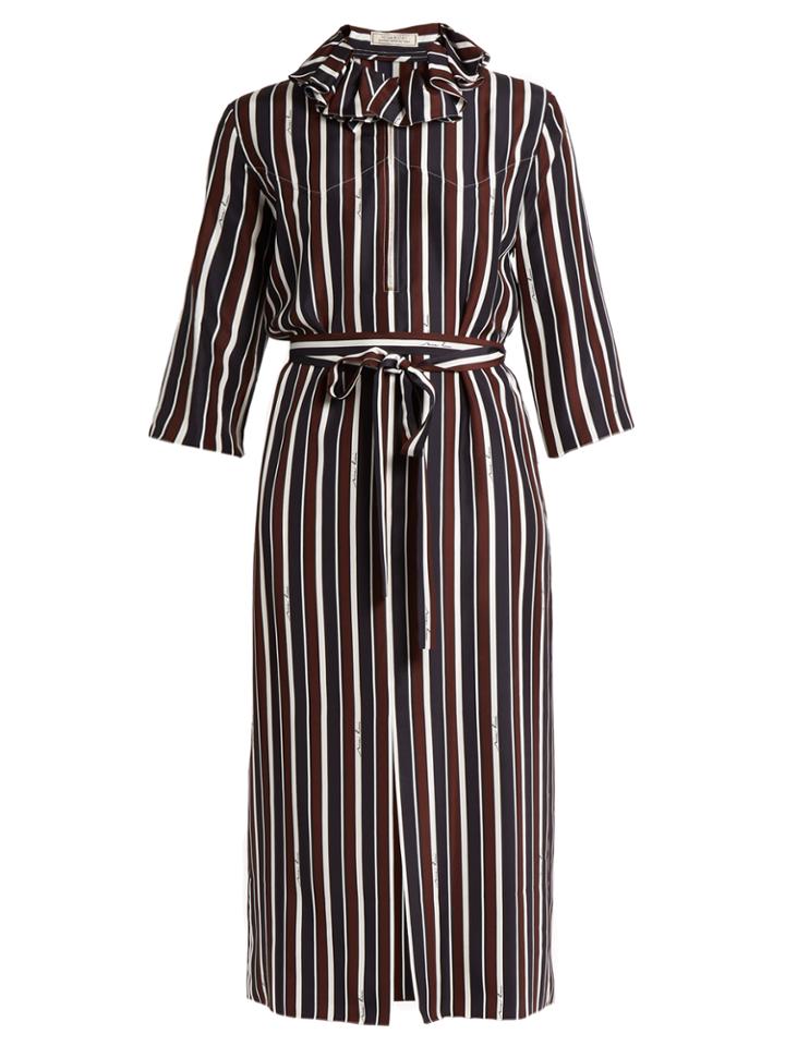 Nina Ricci Striped Exaggerated-collar Silk Midi Dress