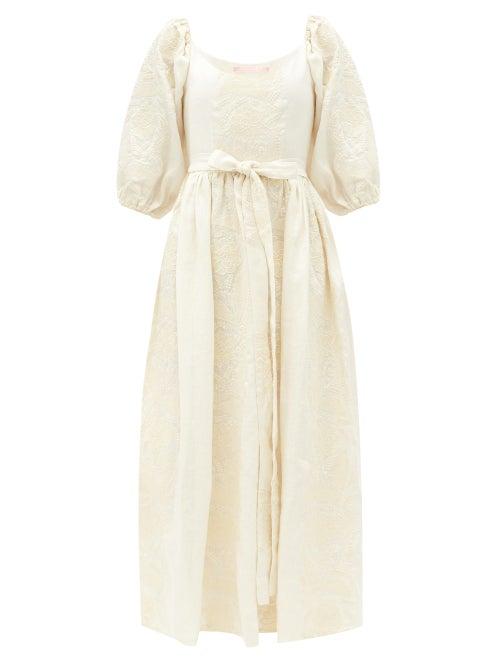 Matchesfashion.com Marta Ferri - Floral-embroidered Linen-blend Dress - Womens - Cream