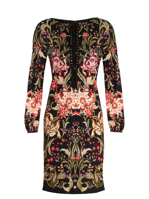 Roberto Cavalli Galaxy Garden-print Lace-up Jersey Dress