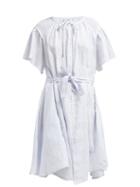 Matchesfashion.com Innika Choo - Geometric Embroidered Smocked Linen Midi Dress - Womens - Light Blue