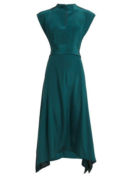 Matchesfashion.com Cefinn - Handkerchief Hem Silk Crepe De Chine Dress - Womens - Dark Green