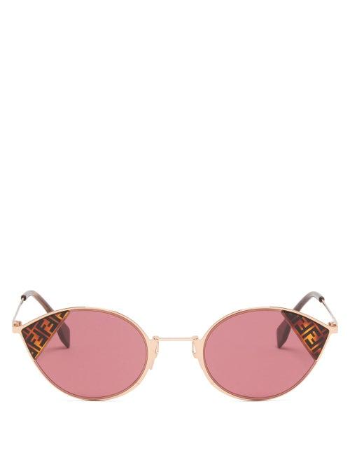 Matchesfashion.com Fendi - Ff Logo Print Cat Eye Metal Sunglasses - Womens - Red