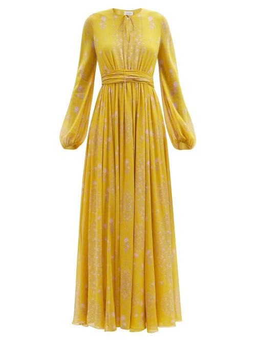 Giambattista Valli - Lantern-sleeve Floral-print Silk-georgette Dress - Womens - Yellow