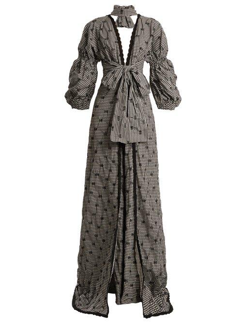 Matchesfashion.com Jonathan Simkhai - Smocked Gingham Lace Trimmed V Neck Gown - Womens - Black White