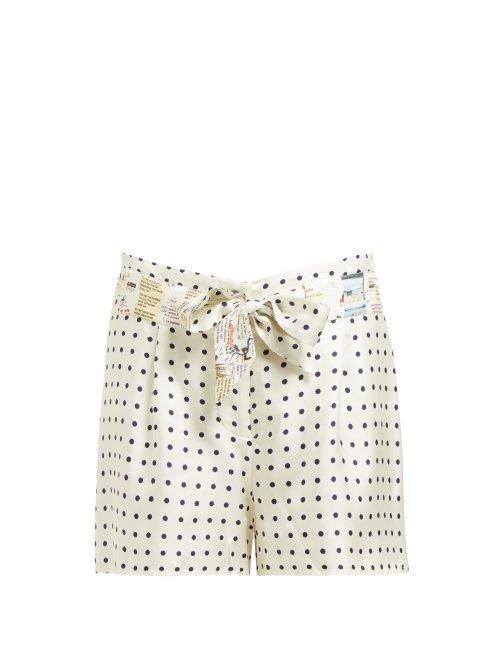 Matchesfashion.com La Prestic Ouiston - Mumbai Polka Dot Print Silk Twill Shorts - Womens - White Black