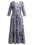Matchesfashion.com Le Sirenuse, Positano - Stella Postcard Print Cotton Voile Midi Dress - Womens - Dark Blue