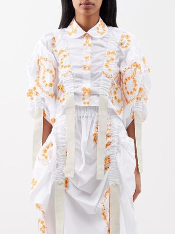 Simone Rocha - Floral-embroidered Ruched Poplin Blouse - Womens - Orange White