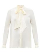 Matchesfashion.com Saint Laurent - Pussy-bow Silk Crepe De Chine Blouse - Womens - Cream
