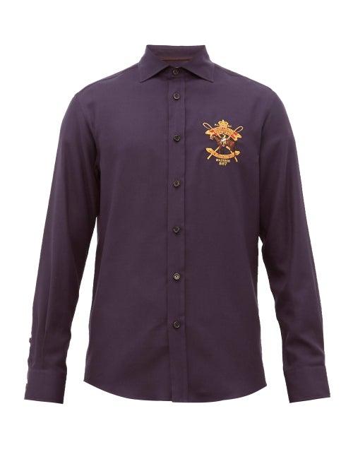 Matchesfashion.com Ralph Lauren Purple Label - Crest Embroidered Cotton Blend Shirt - Mens - Navy