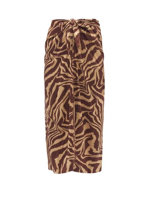 Matchesfashion.com Ganni - Knotted Tiger-print Silk-blend Satin Midi Skirt - Womens - Multi