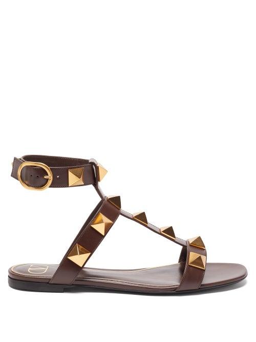 Matchesfashion.com Valentino Garavani - Roman Stud Flat Leather Sandals - Womens - Brown