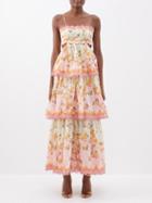 Zimmermann - Laurel Frill Cotton-blend Midi Dress - Womens - Pink Multi