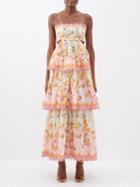 Zimmermann - Laurel Frill Cotton-blend Midi Dress - Womens - Pink Multi