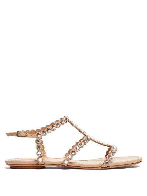 Matchesfashion.com Aquazzura - Tequila Crystal Embellished T Bar Leather Sandals - Womens - Nude