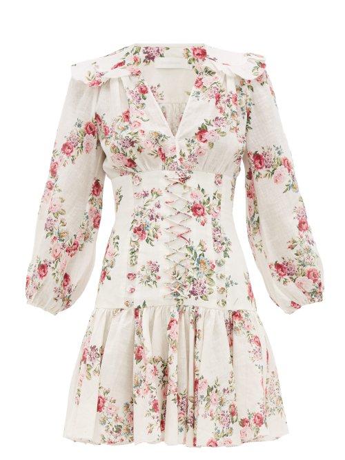 Matchesfashion.com Zimmermann - Honour Floral Print Corset Linen Mini Dress - Womens - Cream
