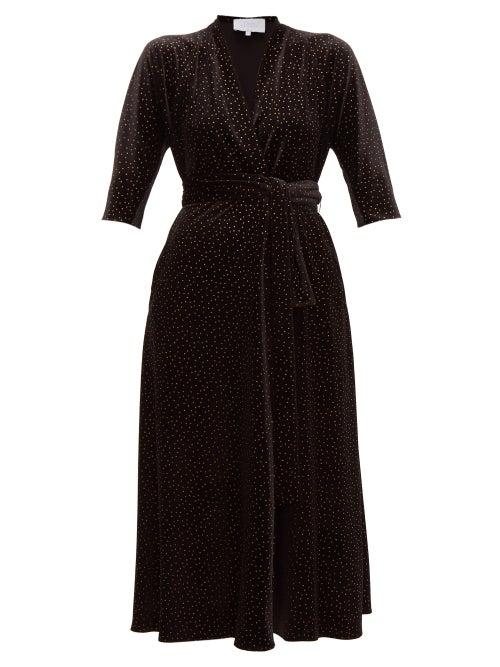 Matchesfashion.com Luisa Beccaria - Wrap Effect Polka Dot Print Velvet Midi Dress - Womens - Black Gold