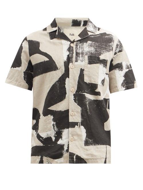 Mens Rtw Folk - Olio-print Linen-blend Canvas Shirt - Mens - Black Multi