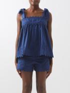 Juliet Dunn - Rickrack-trimmed Tie-shoulder Cotton Top - Womens - Dark Navy