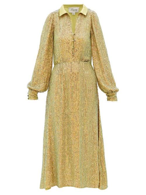 Matchesfashion.com Temperley London - Constellation Iridescent-crystal Satin Shirt Dress - Womens - Gold
