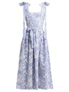 Matchesfashion.com Luisa Beccaria - Floral Embroidered Cotton Blend Seersucker Dress - Womens - Blue Stripe
