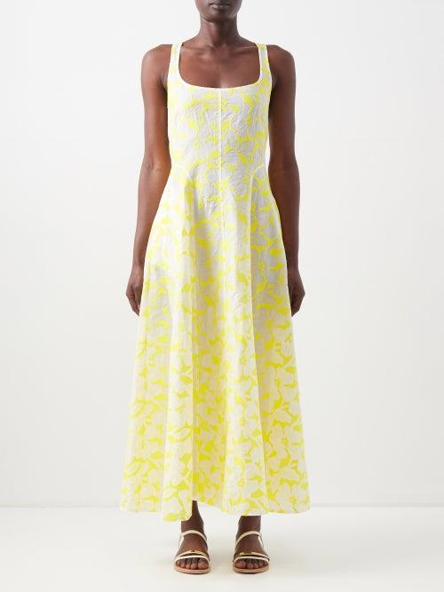 Three Graces London - Ada Embroidered Cotton Midi Dress - Womens - Yellow White