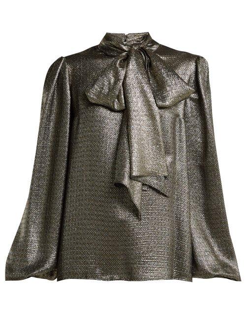 Matchesfashion.com Saint Laurent - Pussy Bow Silk Blend Lam Blouse - Womens - Silver Gold