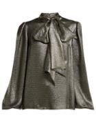 Matchesfashion.com Saint Laurent - Pussy Bow Silk Blend Lam Blouse - Womens - Silver Gold