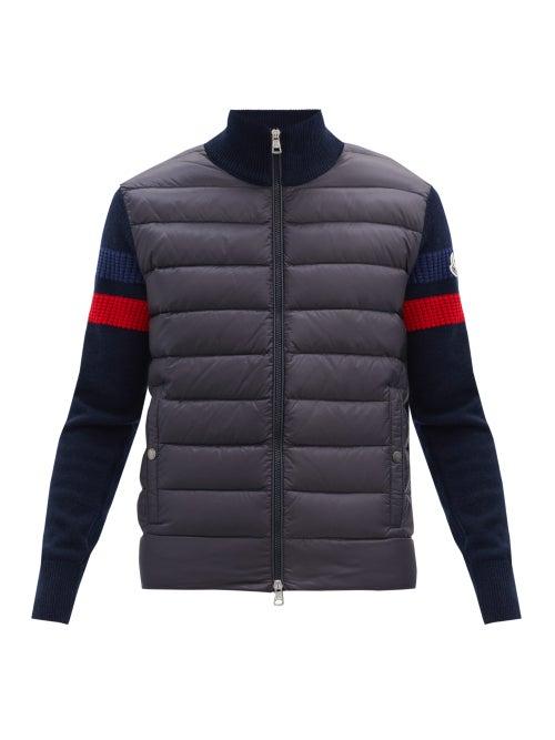 Matchesfashion.com Moncler - Down-panel Striped Zip-through Wool Sweater - Mens - Navy