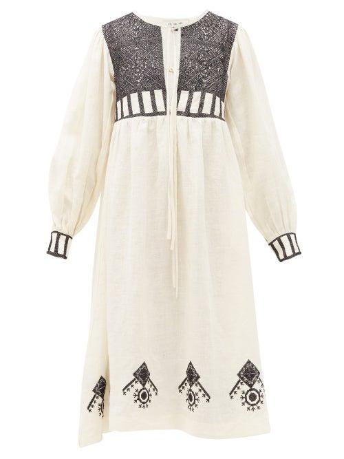 Matchesfashion.com Fil De Vie - Agadir Cross-stitched Linen Midi Dress - Womens - Cream