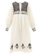 Matchesfashion.com Fil De Vie - Agadir Cross-stitched Linen Midi Dress - Womens - Cream