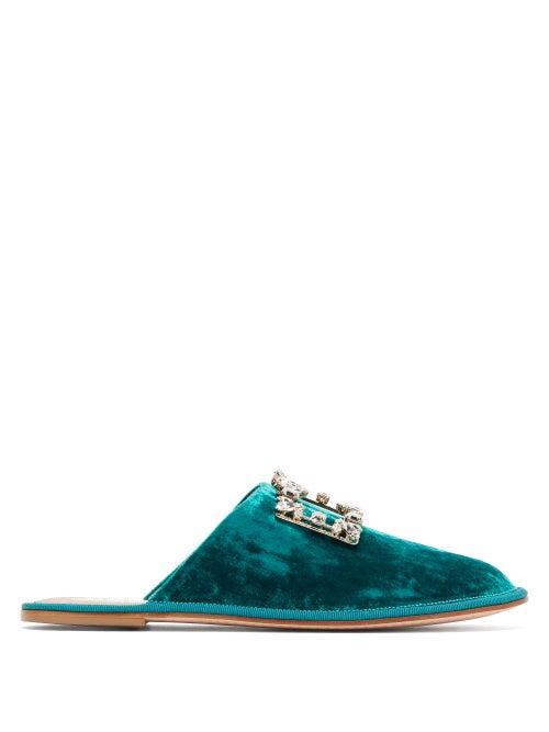 Matchesfashion.com Roger Vivier - Hotel Vivier Crystal-buckle Velvet Slippers - Womens - Green