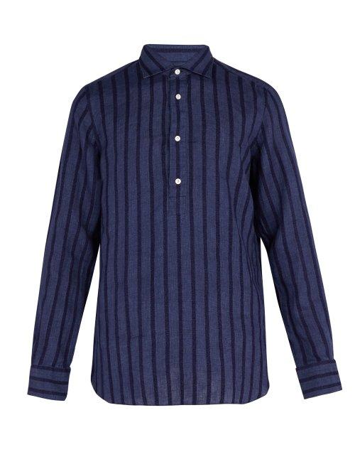 Matchesfashion.com Finamore 1925 - Miami Collarless Linen Shirt - Mens - Navy
