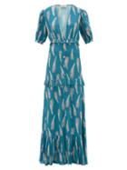 Matchesfashion.com Adriana Degreas - Aloe Print Pleated Trim Twill Maxi Dress - Womens - Blue Print