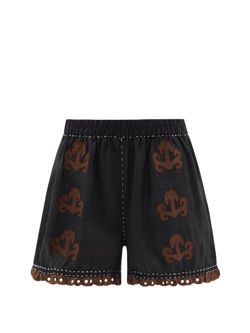 Ladies Rtw Vita Kin - Shalimar Floral-appliqu Linen Shorts - Womens - Black Brown