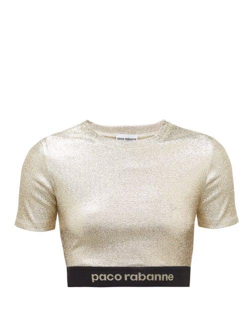 Matchesfashion.com Paco Rabanne - Logo Hem Metallic Jersey Cropped Top - Womens - Gold