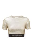 Matchesfashion.com Paco Rabanne - Logo Hem Metallic Jersey Cropped Top - Womens - Gold