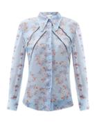 Matchesfashion.com Chlo - Floral-print Ladder-lace Silk-crepe Blouse - Womens - Blue Multi