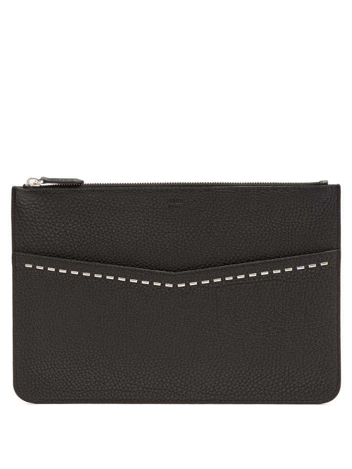 Fendi Stitch-embellished Grained-leather Pouch
