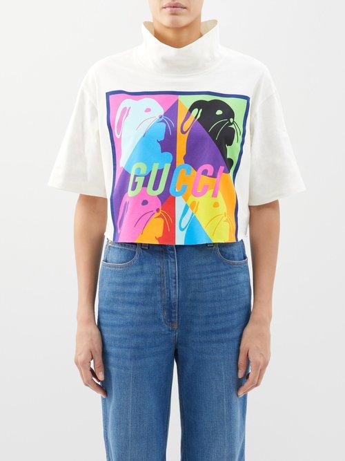 Gucci - High-neck Printed Cotton T-shirt - Womens - White Multi