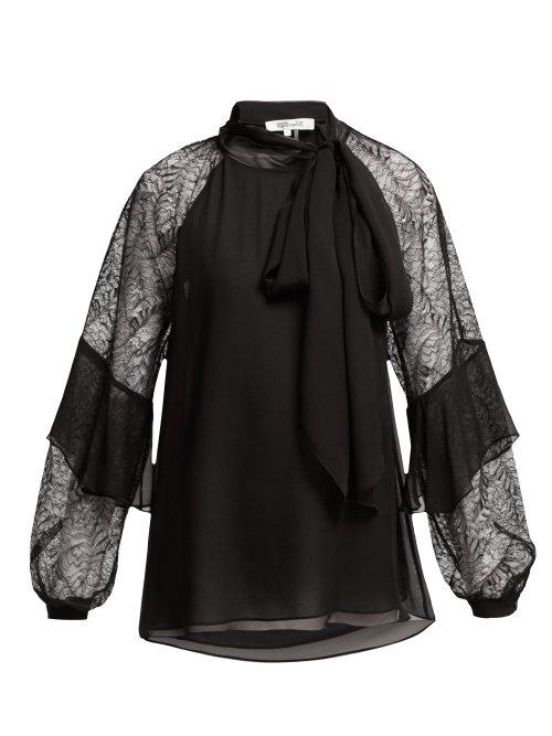 Matchesfashion.com Diane Von Furstenberg - Mariela Silk And Lace Pussy Bow Blouse - Womens - Black
