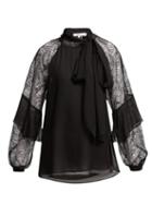 Matchesfashion.com Diane Von Furstenberg - Mariela Silk And Lace Pussy Bow Blouse - Womens - Black