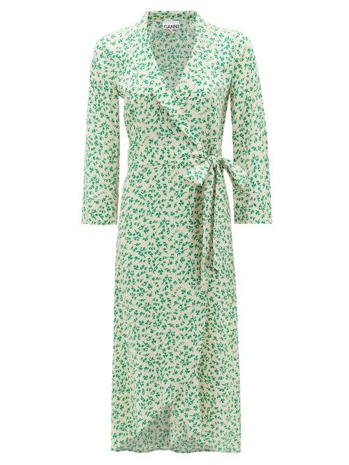 Matchesfashion.com Ganni - Blouson-sleeve Floral-print Crepe Wrap Dress - Womens - Cream Print
