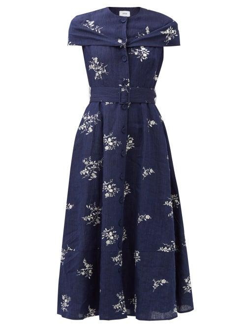 Erdem - Clarisia Embroidered Linen-blend Chambray Dress - Womens - Navy